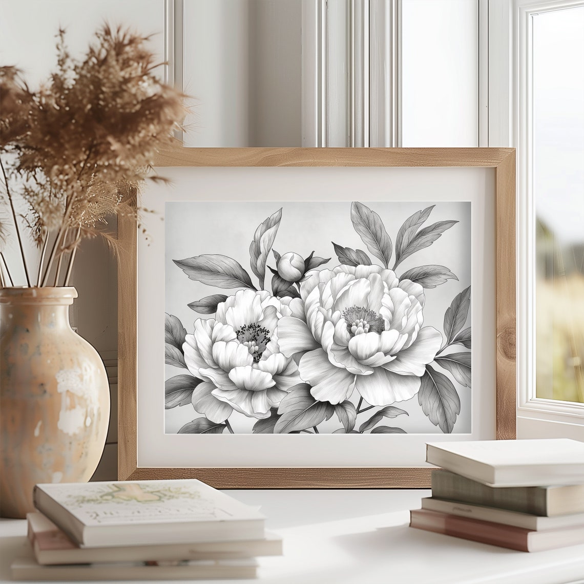 Peonies In Full Bloom Detailed Gray Pencil Botanical Sketch Poster - Image 2