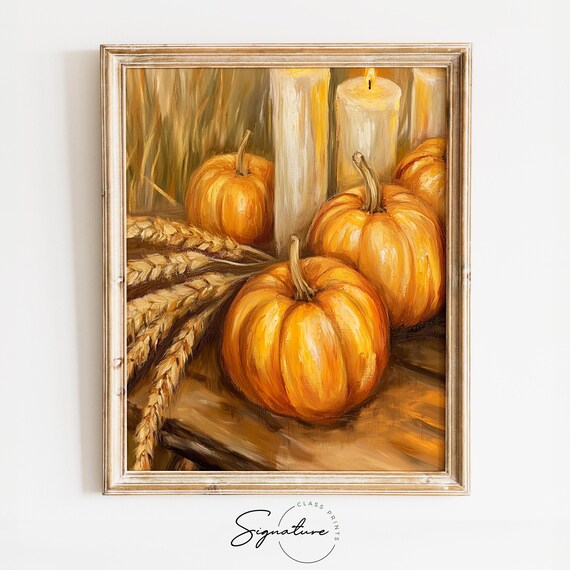 Pumpkins Wheat Candles Rustic Wood Cozy Fall Harvest Still Poster
