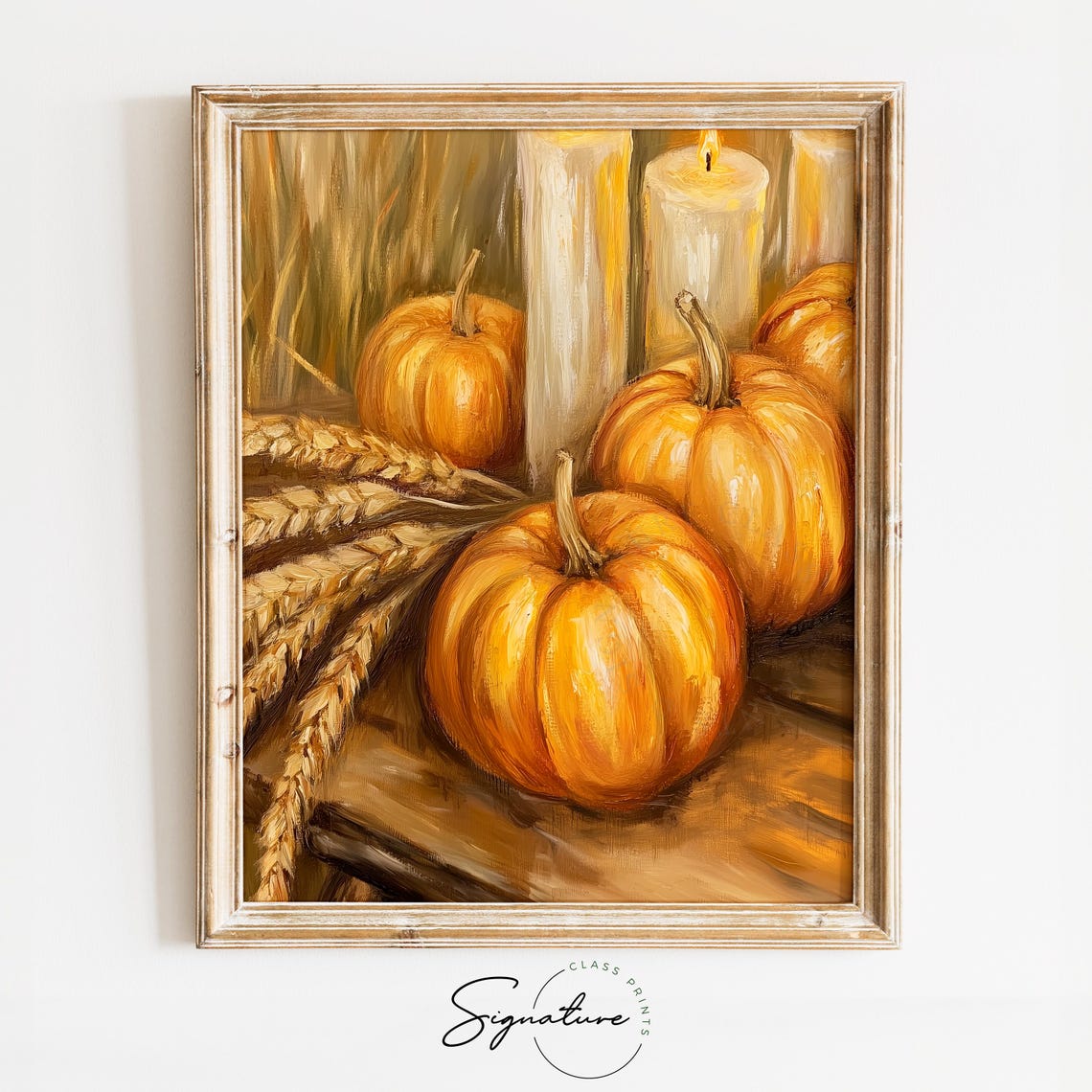 Pumpkins Wheat Candles Rustic Wood Cozy Fall Harvest Still Poster