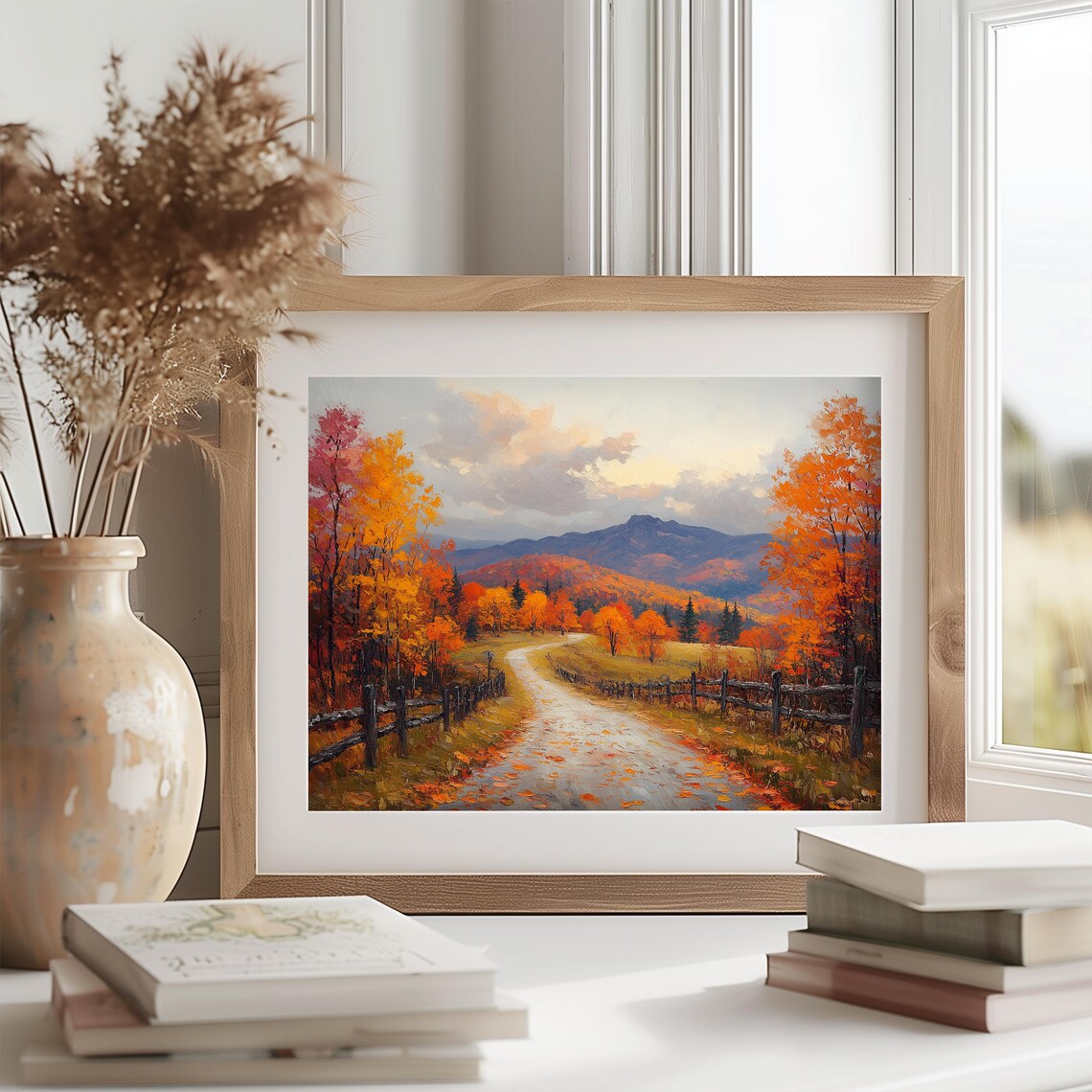 Wooden Fence Country Road Autumn Forest Mountain View Landscape Print - Image 2