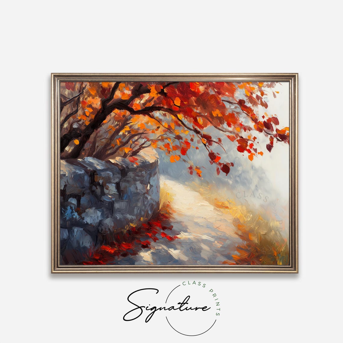 Autumn Stone Wall Painting Red Fall Leaves Impasto Tree Branch Poster - Image 4