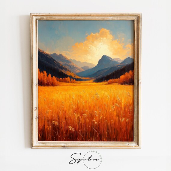 Golden Grass Meadow At Sunset Between Majestic Blue Mountains Poster