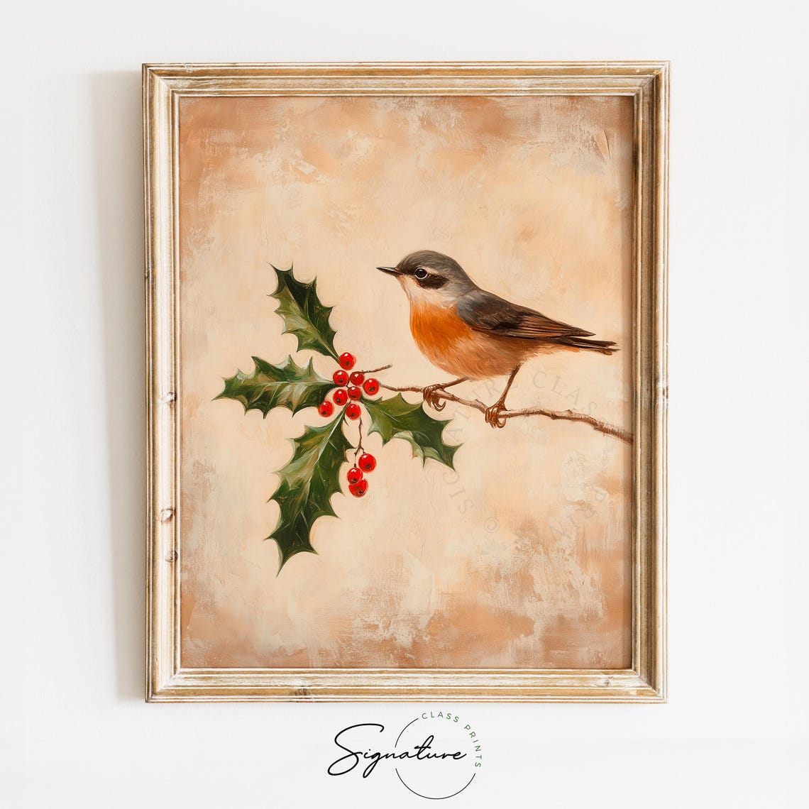 Robin On Holly Branch With Red Berries Vintage Christmas Bird Wall Art