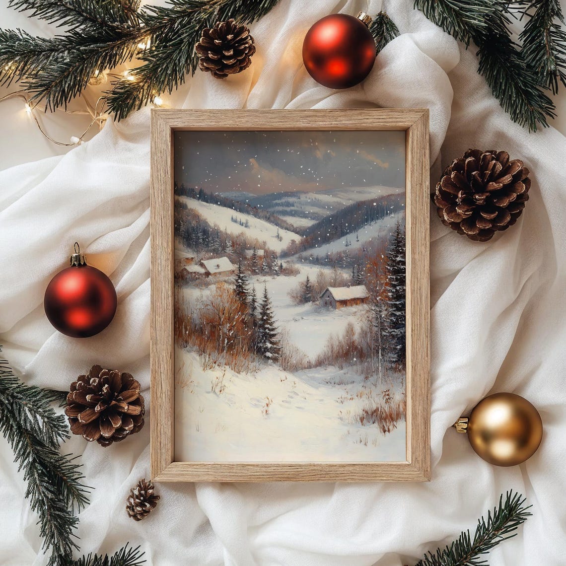 Snowy Mountain Valley with Cabins in Soft Falling Snow Poster - Image 4
