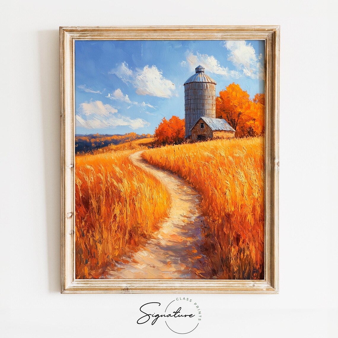Golden Wheat Field With Old Silo and Barn Under Bright Autumn Sky Wall Art