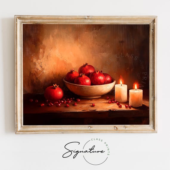 Earthy Christmas Pomegranate And Candle Scene Moody Farmhouse Wall Art Rustic Winter Holiday Kitchen Decor Cottagecore 2721