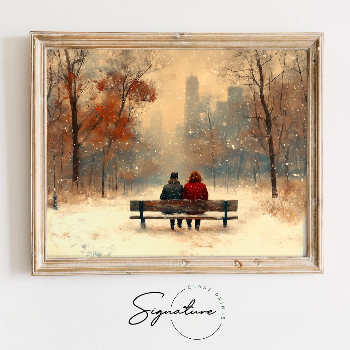 Couple On Park Bench In Falling Snow Romantic Winter Scene Poster