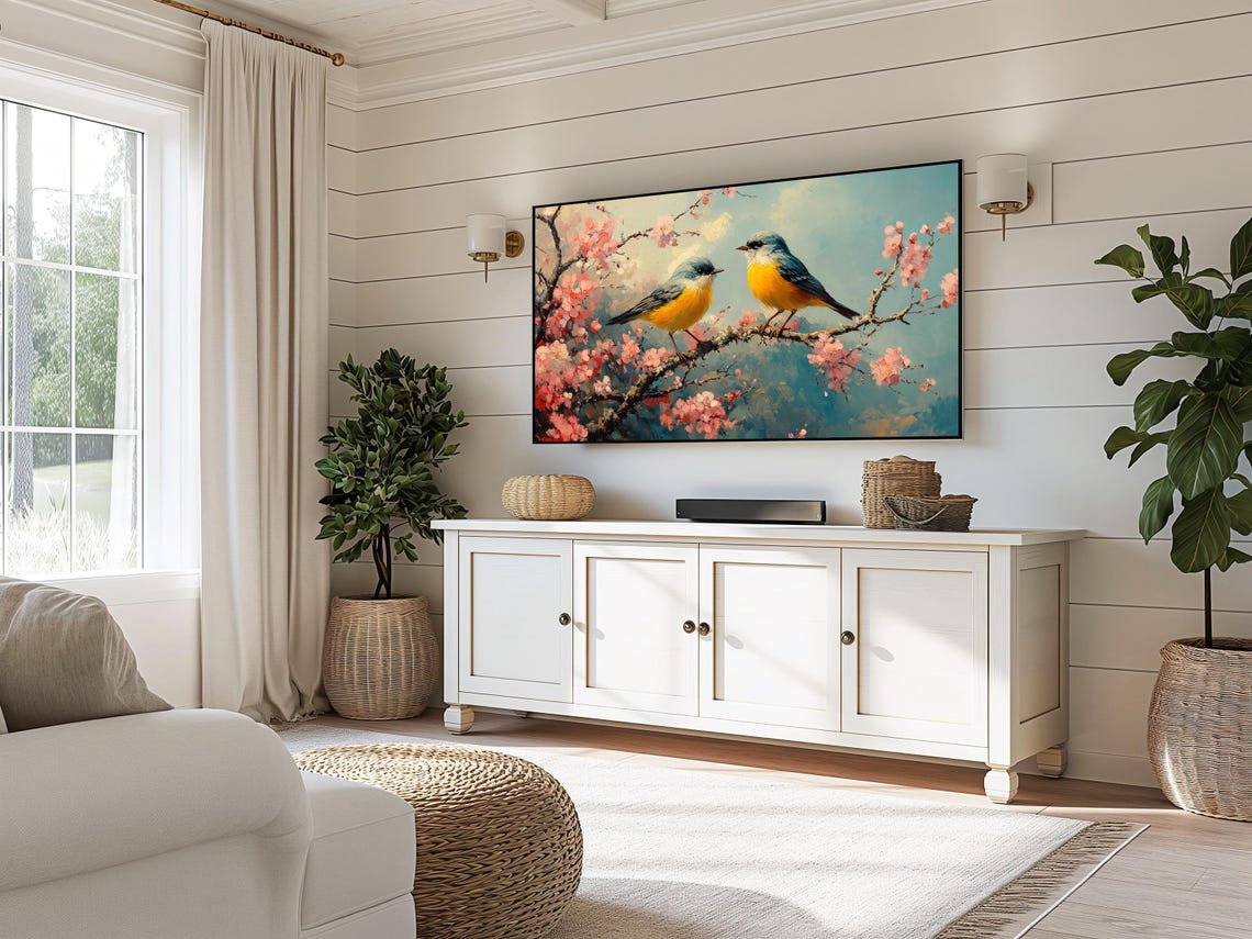 Bluebird Pair On Cherry Blossom Branch Spring Bird Painting Art Poster - Image 3