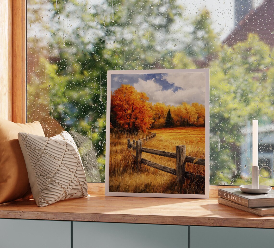 Rustic Wooden Fence Autumn Meadow Golden Trees Country Poster - Image 2