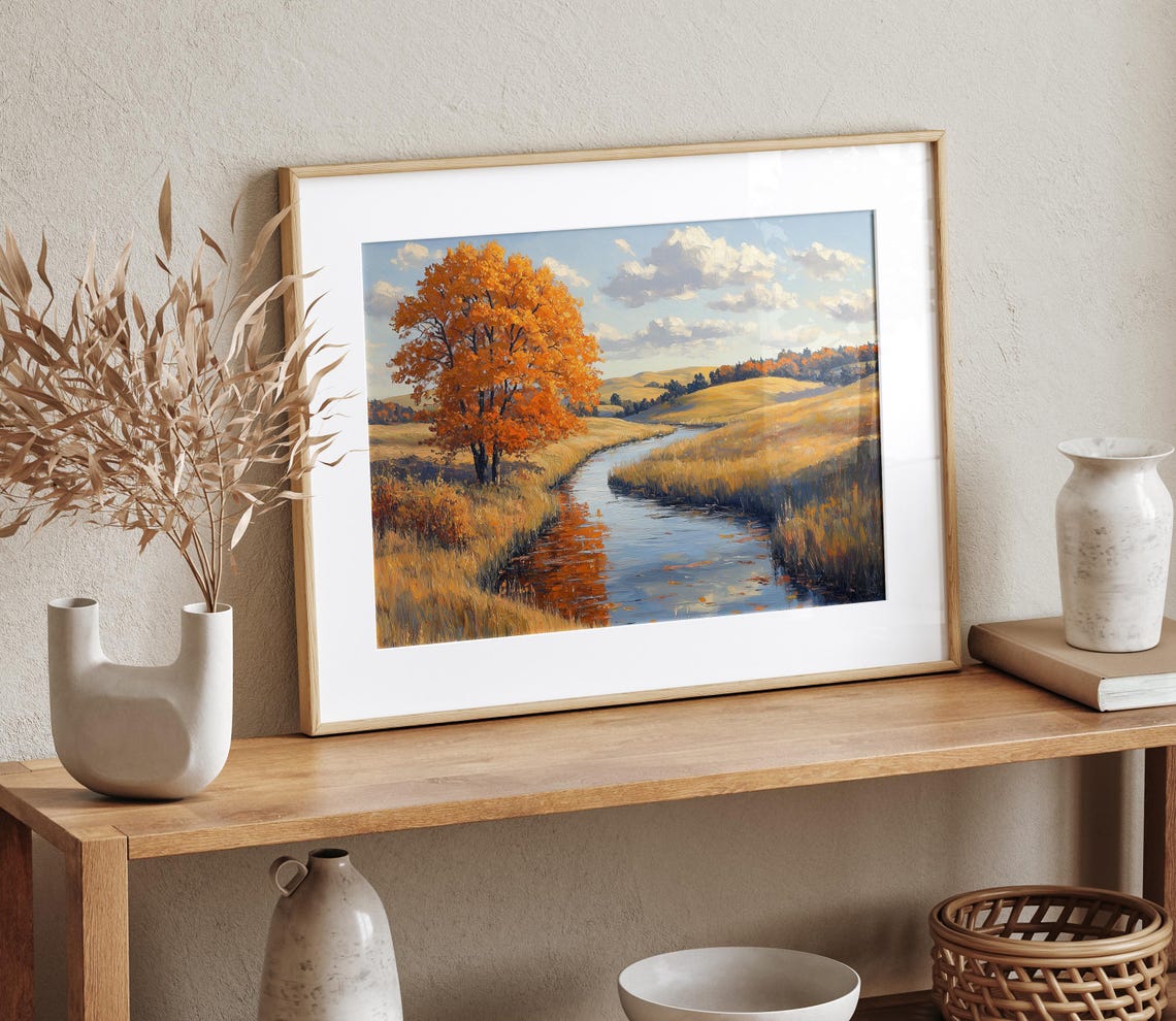 Autumn River Rolling Hills Orange Tree Fall Countryside Wall Art - Image 4