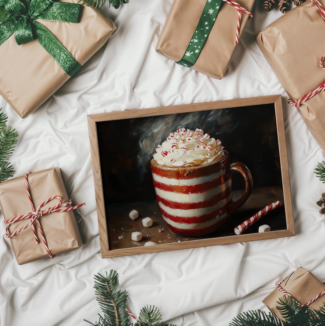 Peppermint Hot Cocoa In Striped Mug With Whipped Cream Art Poster - Image 2