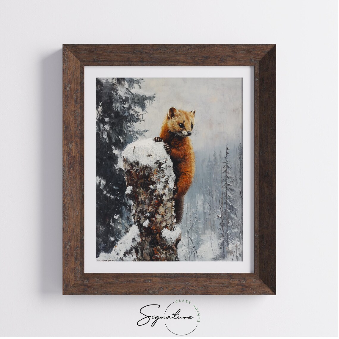Red Woodland Mammal Climbing Snowy Tree Stump Winter Forest Art Poster - Image 2