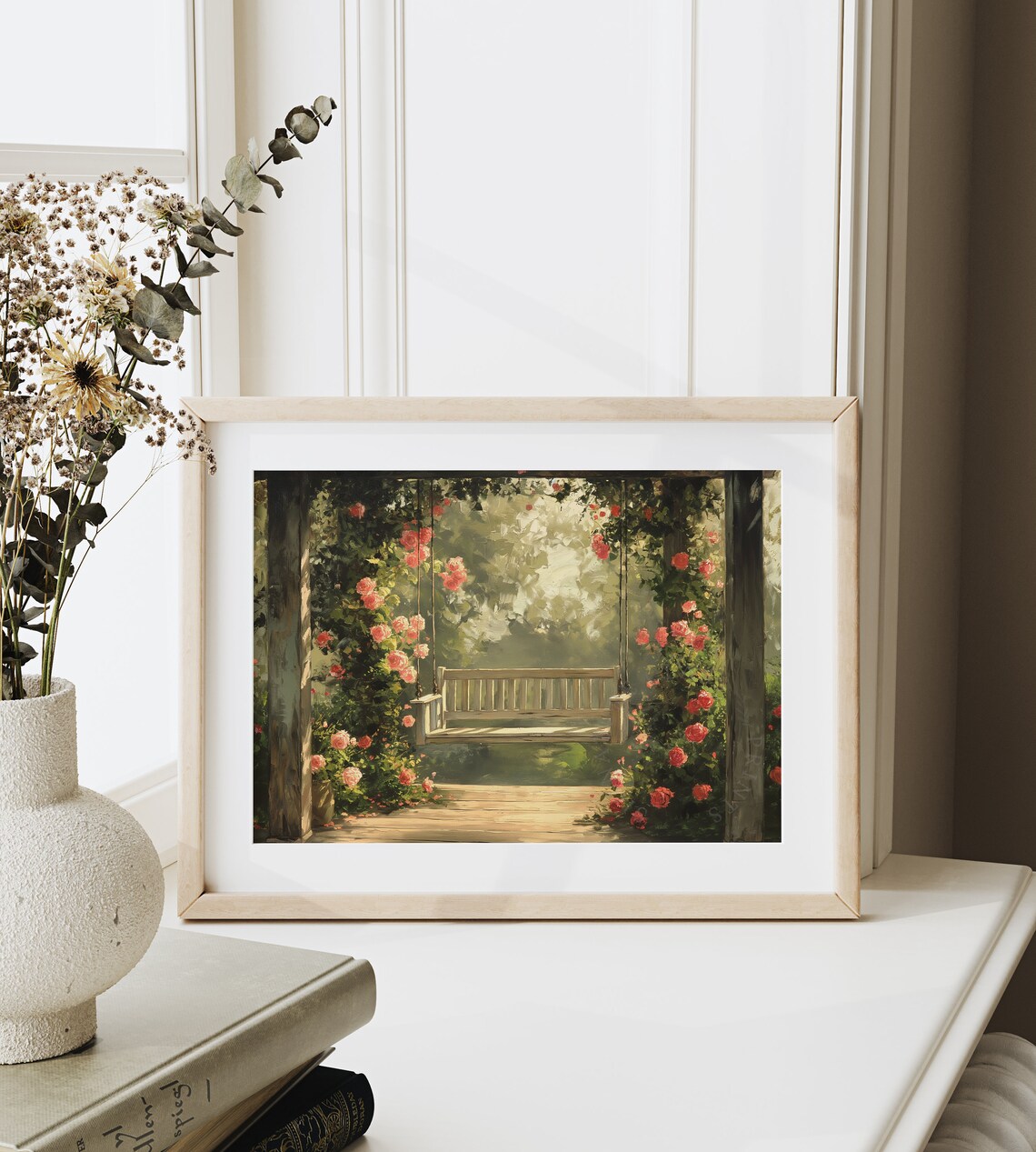 Porch Swing With Climbing Pink Roses Garden Pergola Painting Poster - Image 6