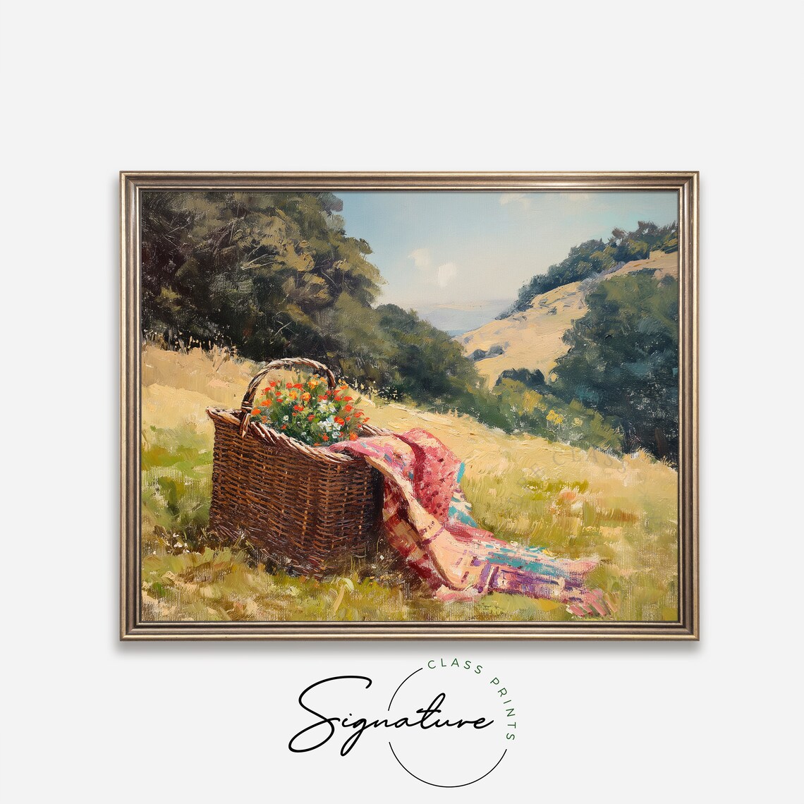Rustic Picnic Basket Wildflowers Hillside Meadow Oil Painting Wall Art - Image 4