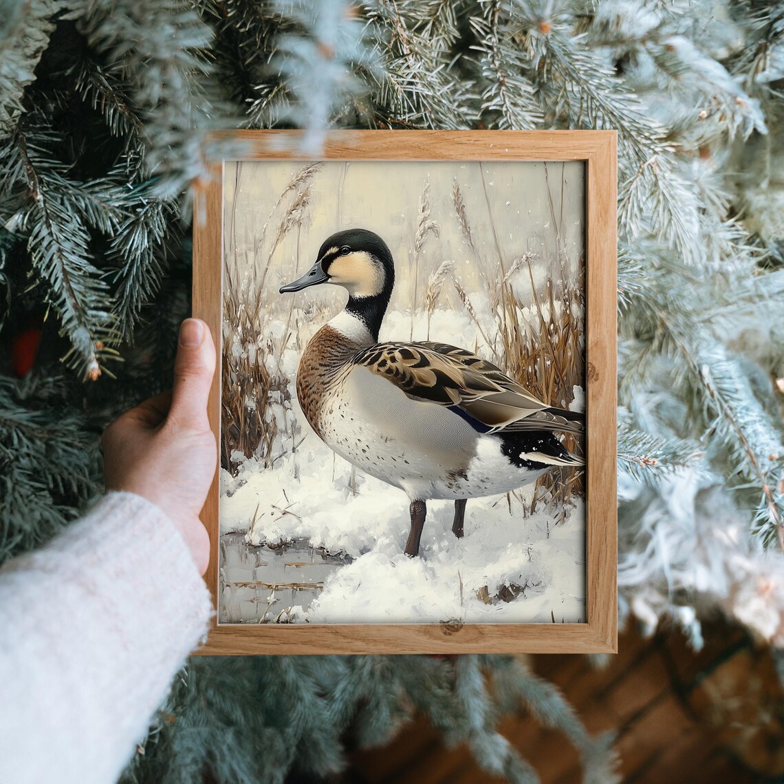 Duck Standing in Snowy Marsh Reeds Winter Wildlife Scene Art Poster - Image 6