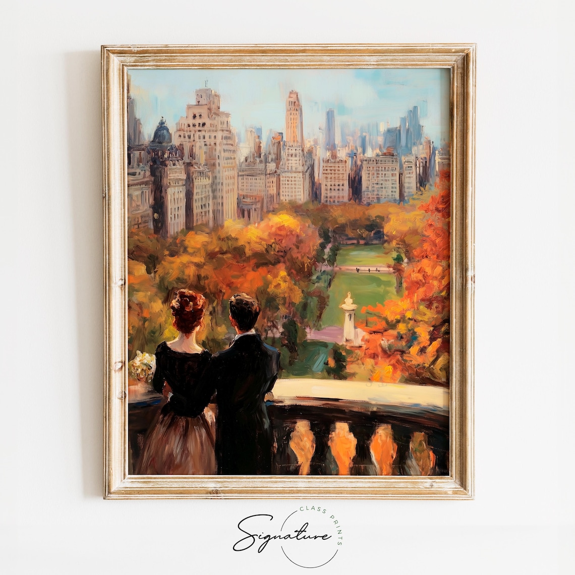 Romantic Couple on a Balcony Overlooking an Autumn City Park Poster