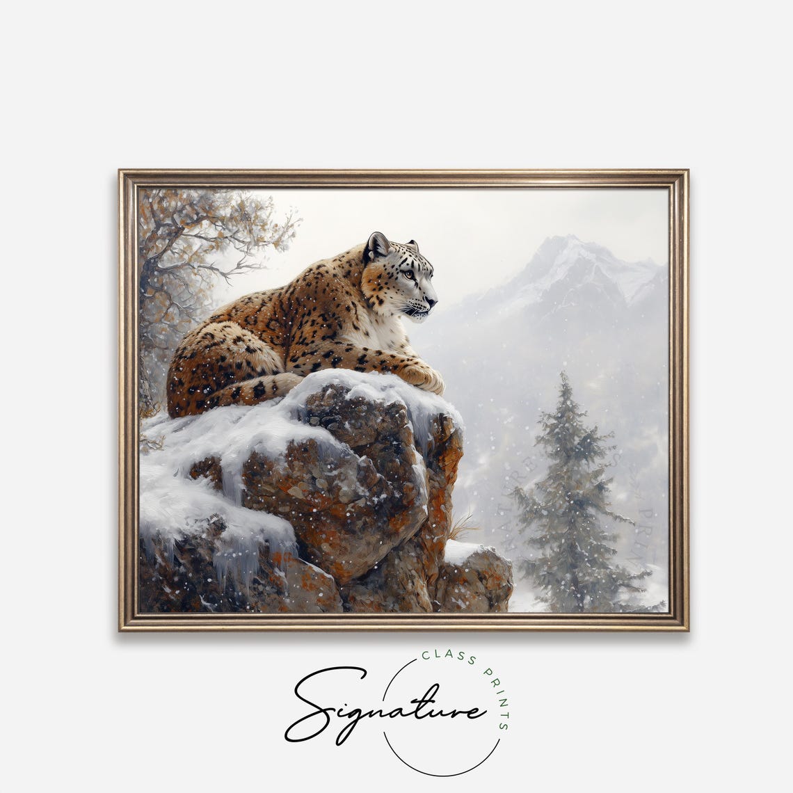 Snow Leopard Resting On A Snowy Cliff With Mountain View Art Poster - Image 4