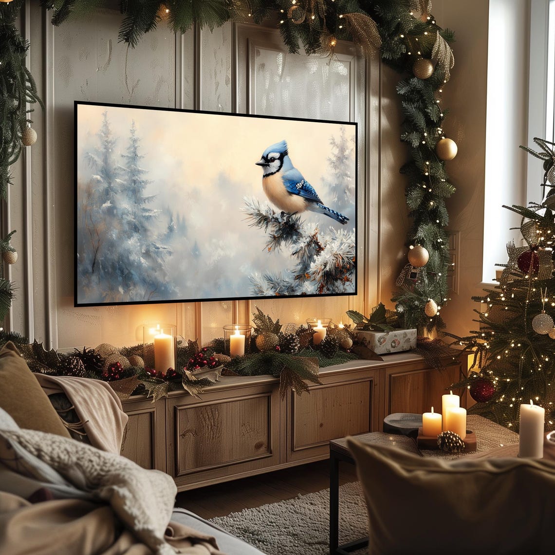 Blue Jay Perched On A Snowy Pine Branch In Soft Winter Light Poster - Image 3