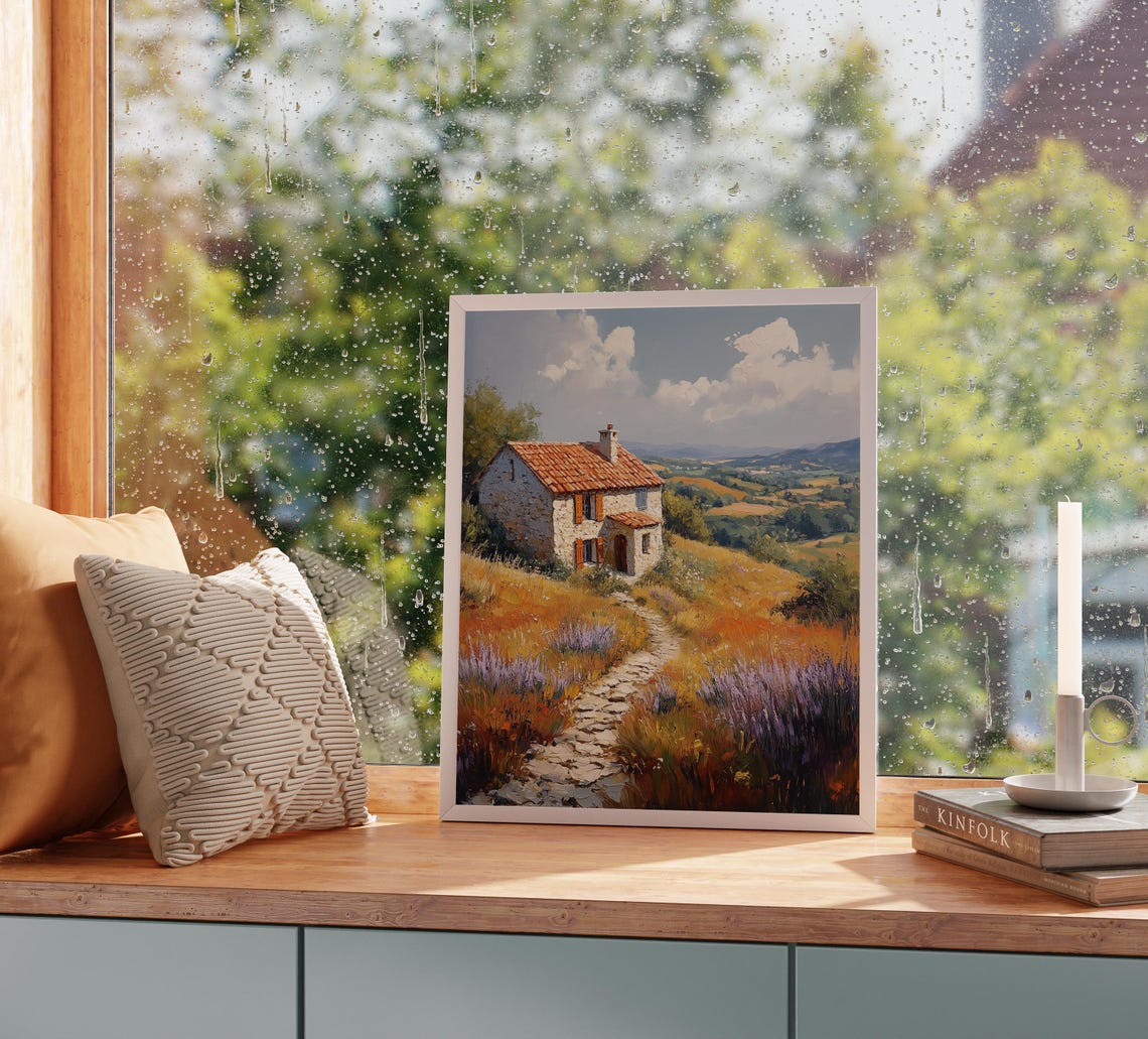 Stone Cottage Hilltop Lavender Wildflowers Golden Hour Poster - Image 2