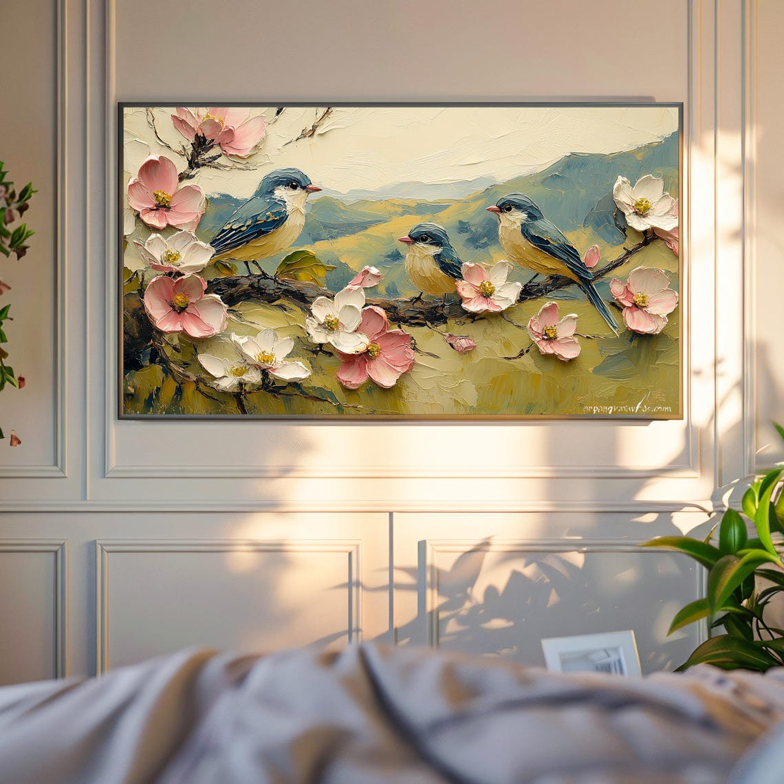 Three Bluebirds On White Dogwood Blossoms Impasto Art Poster - Image 4