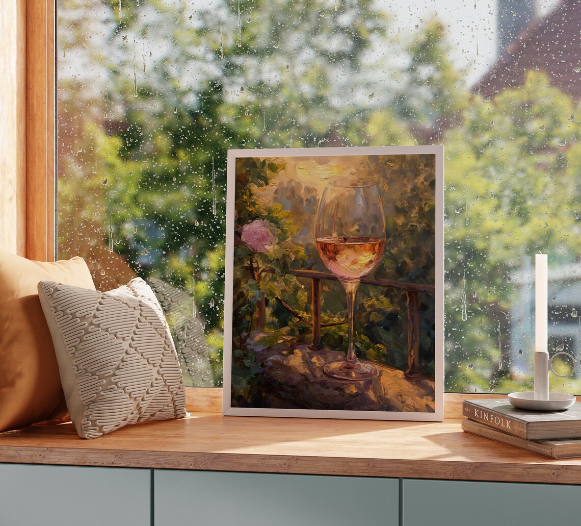 Rose Wine Glass Garden Roses Golden Sunset Balcony Stone Wall Oil Poster - Image 2