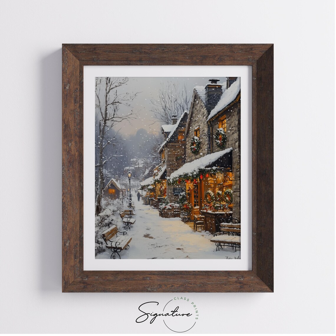 Snowy Stone Village Christmas Shops with Glowing Wreaths Poster - Image 3