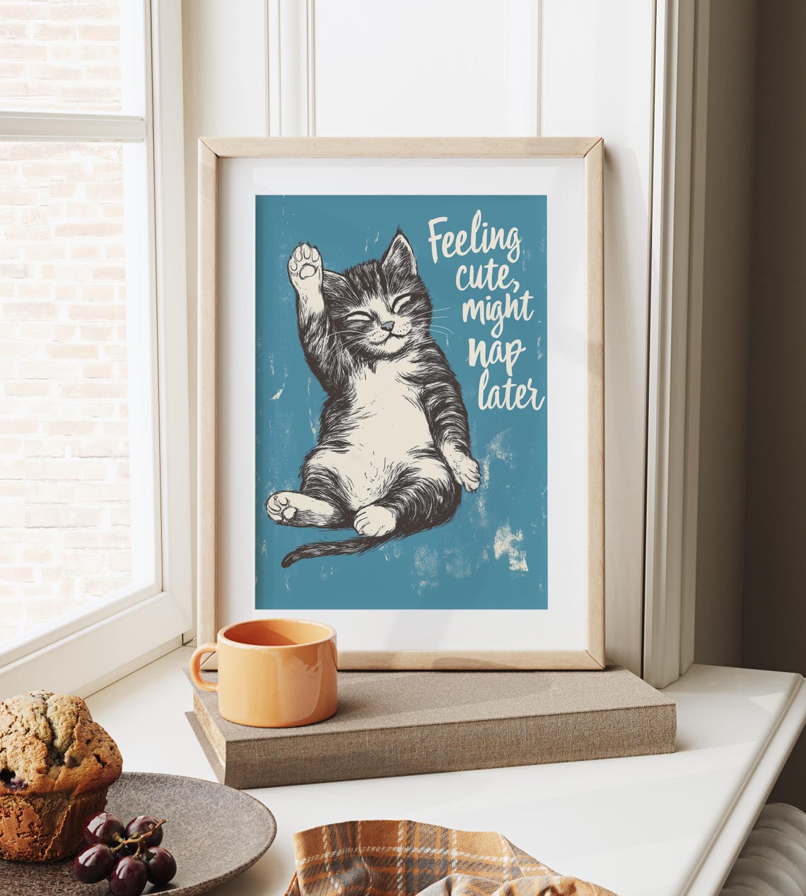 Feeling Cute Might Nap Later Sleepy Tabby Kitten Teal Wall Art - Image 6