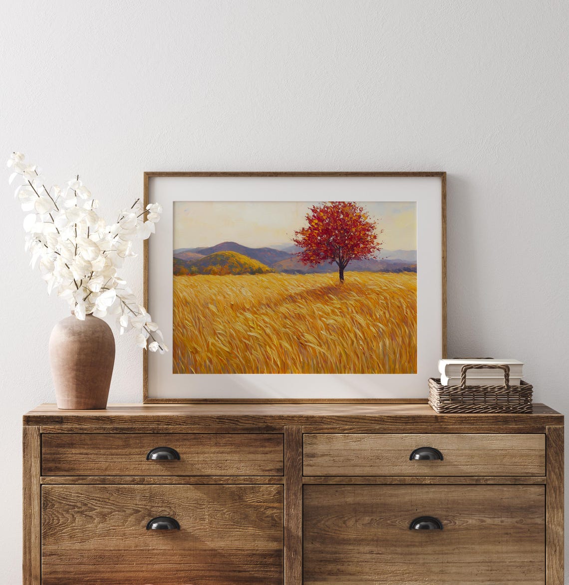 Lone Red Autumn Tree Golden Wheat Field Fall Landscape Painting Poster - Image 3