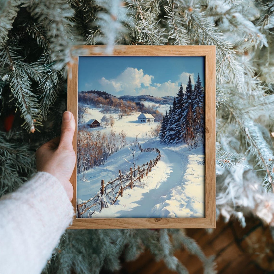 Snowy Hillside Cabin With Rustic Fence Under Winter Blue Sky Poster - Image 6