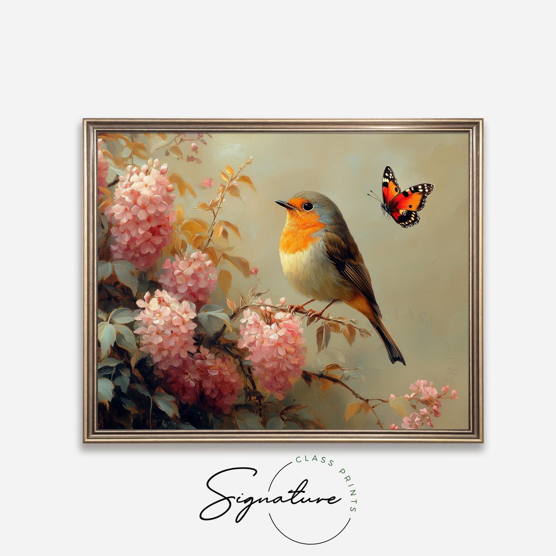 Robin On Pink Blossom Branch With Red Butterfly Charming Wall Art - Image 4