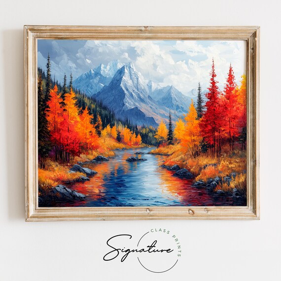 Autumn River Snowy Peak Fall Reflection Mountain Landscape Wall Art