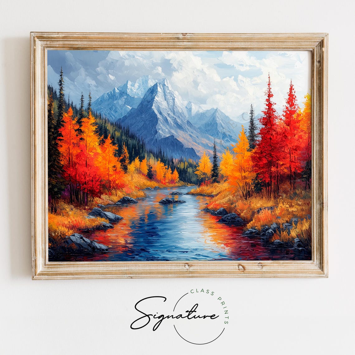 Autumn River Snowy Peak Fall Reflection Mountain Landscape Wall Art