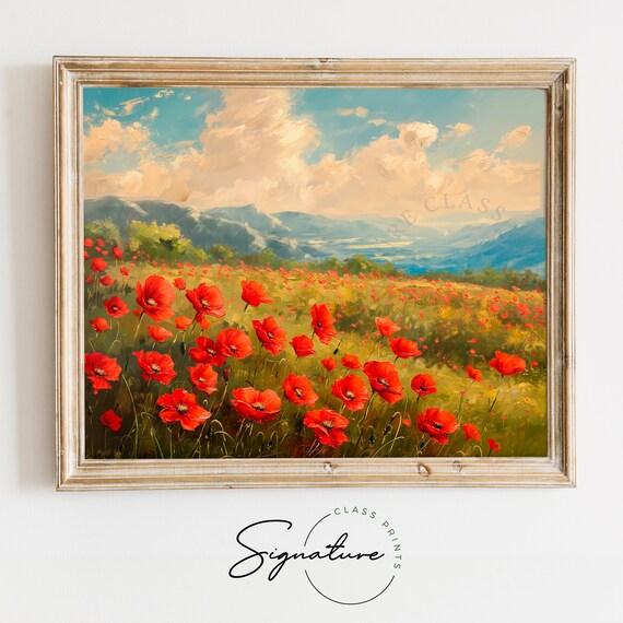 Red Poppy Field Oil Painting with Mountains and Cloudy Sky Poster