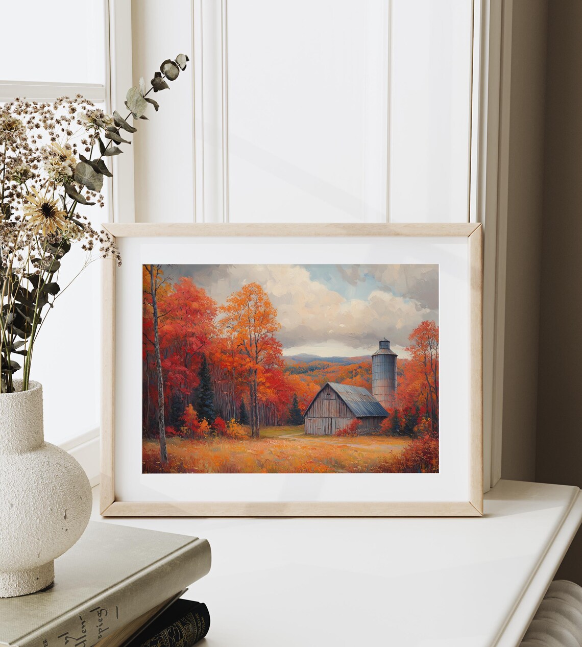 Old Barn and Silo Surrounded by Fiery Red Autumn Trees Poster - Image 6