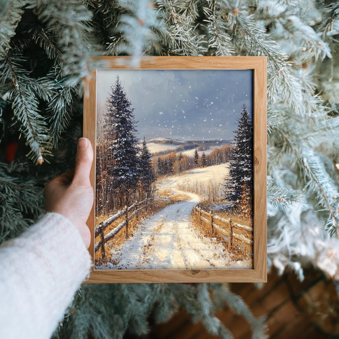 Snowy Fenced Path through Winter Evergreens with Falling Snow Poster - Image 6
