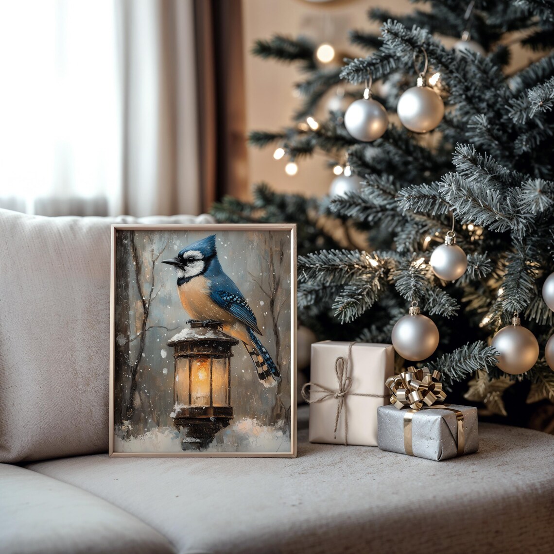 Blue Jay Snowy Lantern Night Winter Bird Wildlife Oil Painting Poster - Image 5