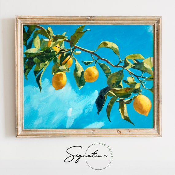 Sunny Citrus Grove Art Print Ripe Lemon Tree Branches Vibrant Blue Sky Backdrop Mediterranean Orchard Wall Art 367