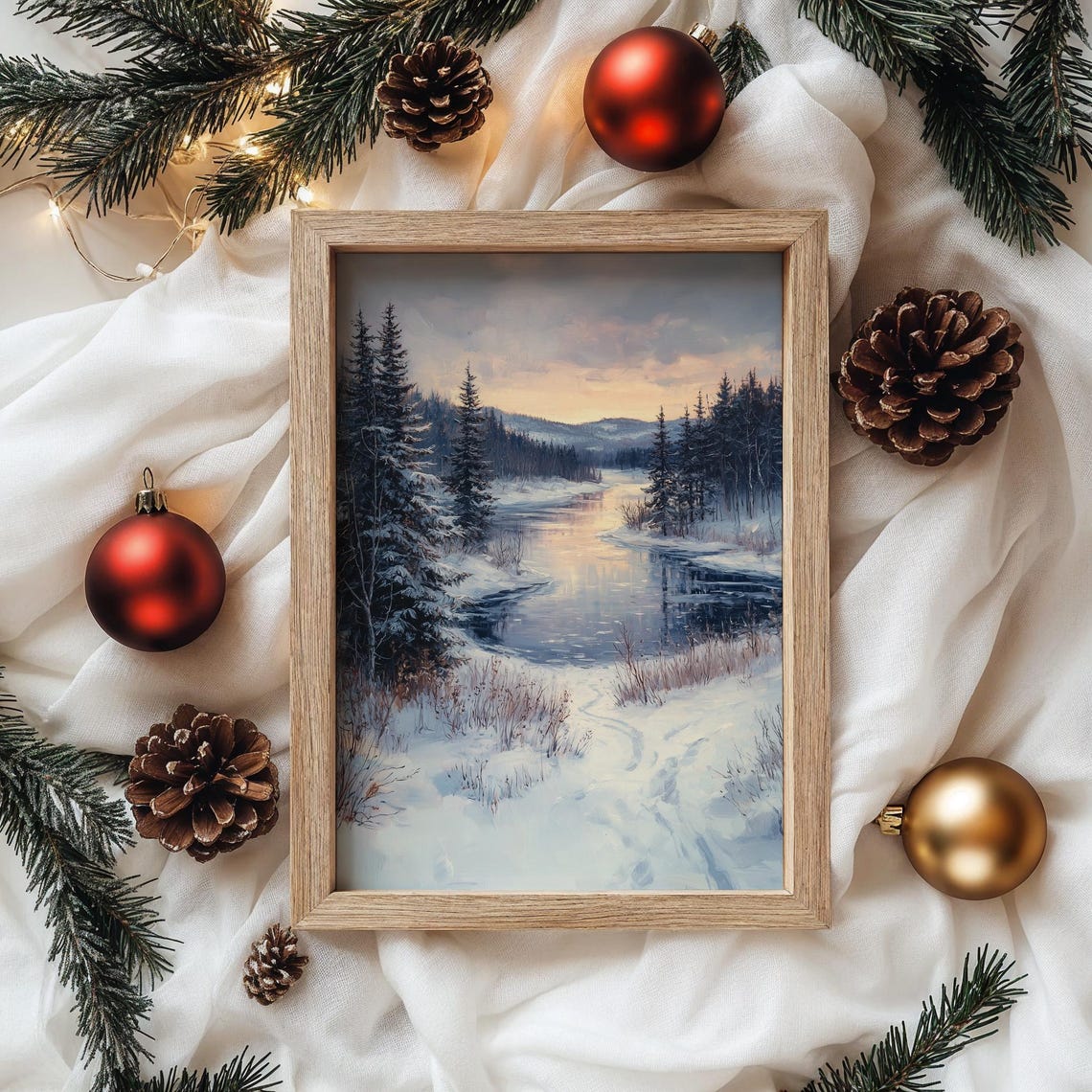 Frozen Lake In Snowy Pine Forest At Sunset Winter Art Poster - Image 4