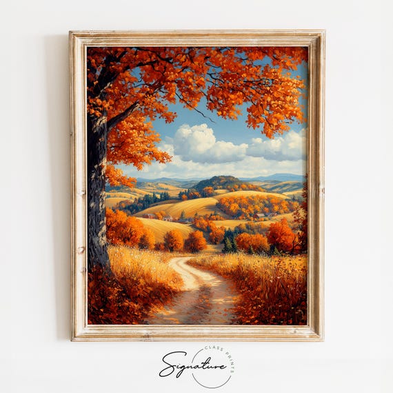 Fall Farm With Winding Dirt Path And Hills Autumn Landscape Rustic Farmhouse Decor Country Scene Moody Fall Art 1850