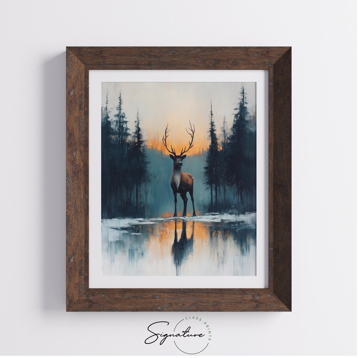 Reindeer Standing in Water at Sunset Wildlife Oil Painting Print - Image 3