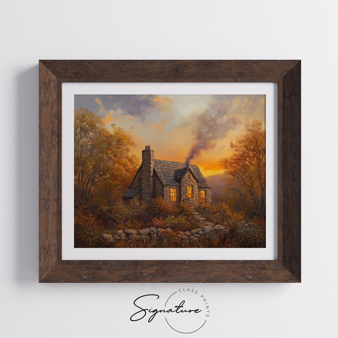 Cozy Stone Cottage Autumn Sunset Painting Glowing Windows Fall Decor Poster - Image 5