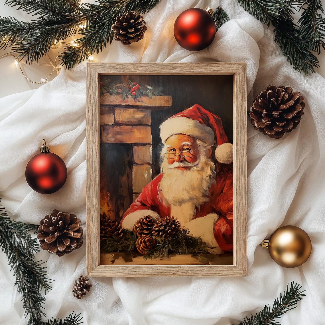 Santa Claus Resting by a Brick Fireplace With Pinecone Garland Poster - Image 4