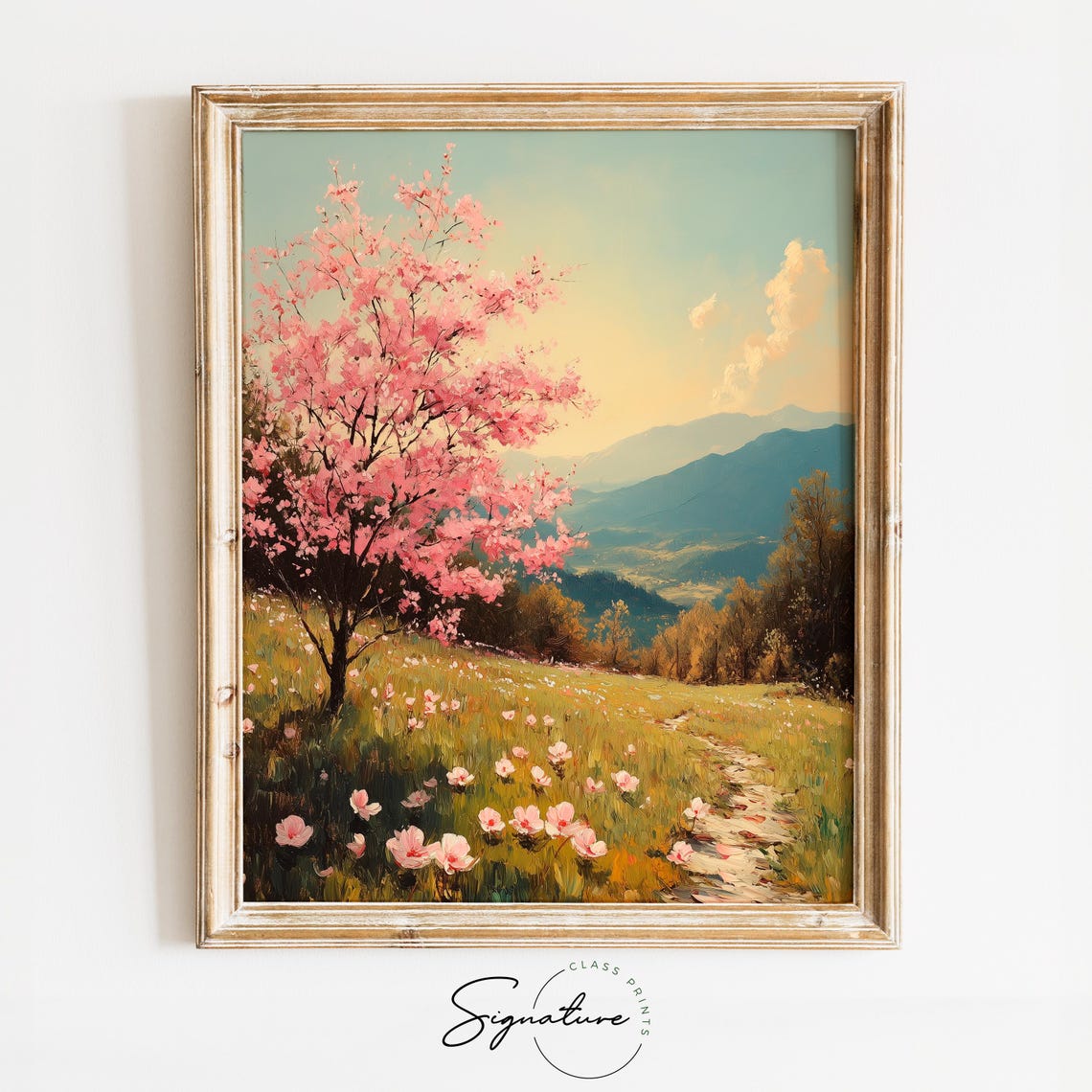 Pink Blossom Tree On Spring Hillside With Wildflowers Landscape Poster