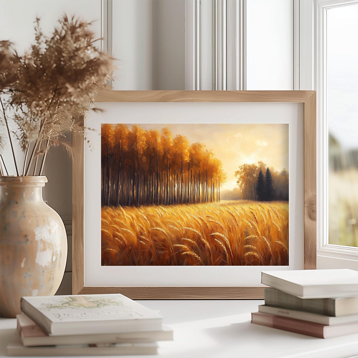 Golden Wheat Field at Sunrise Bordered by Autumn Forest Poster - Image 2