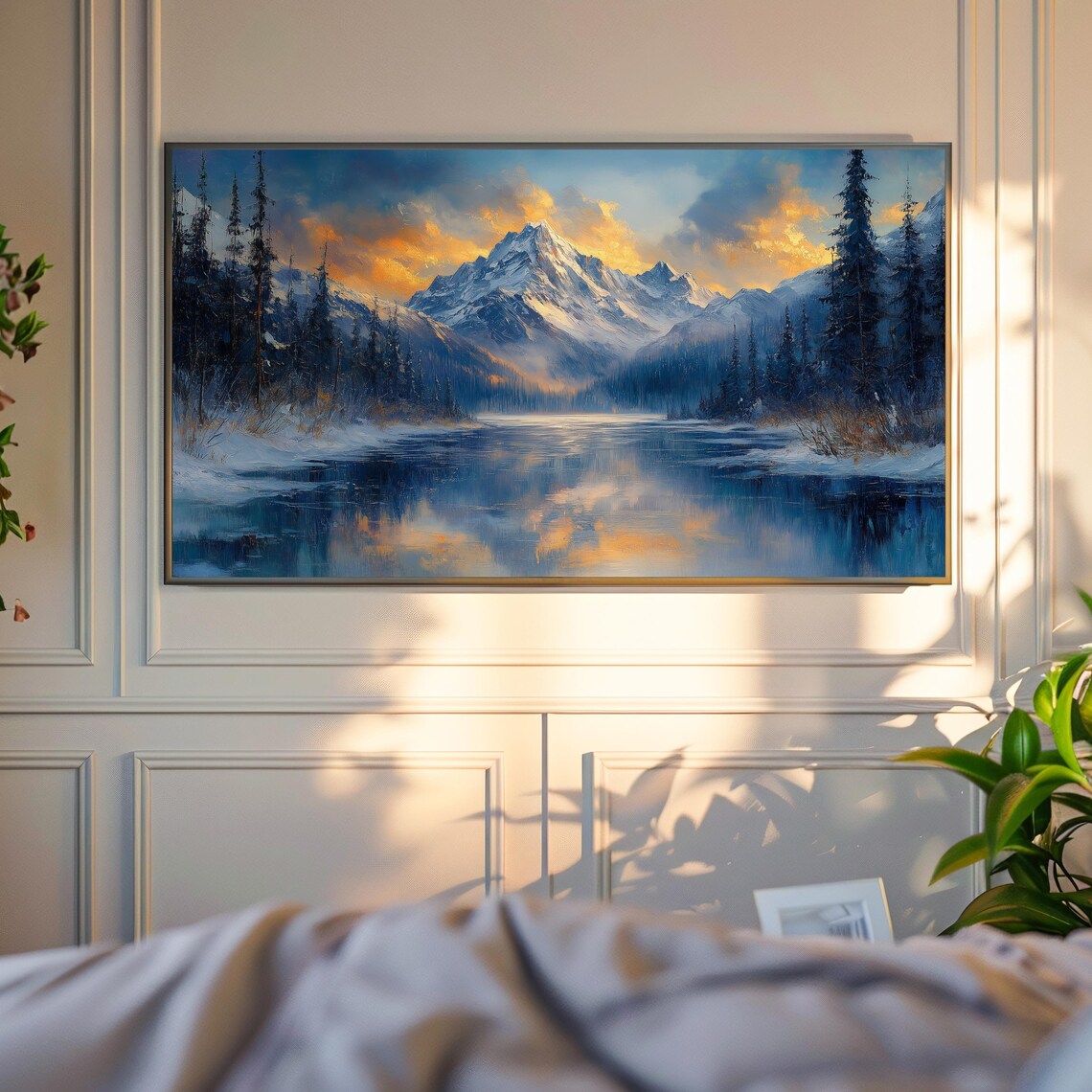 Majestic Snowy Mountain Golden Sunset Lake Reflection Dramatic Clouds Poster - Image 4