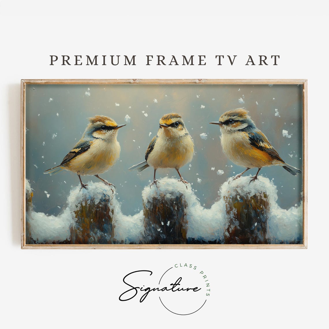 Tiny Goldcrests On Snowy Fence Posts In Falling Winter Snow Poster