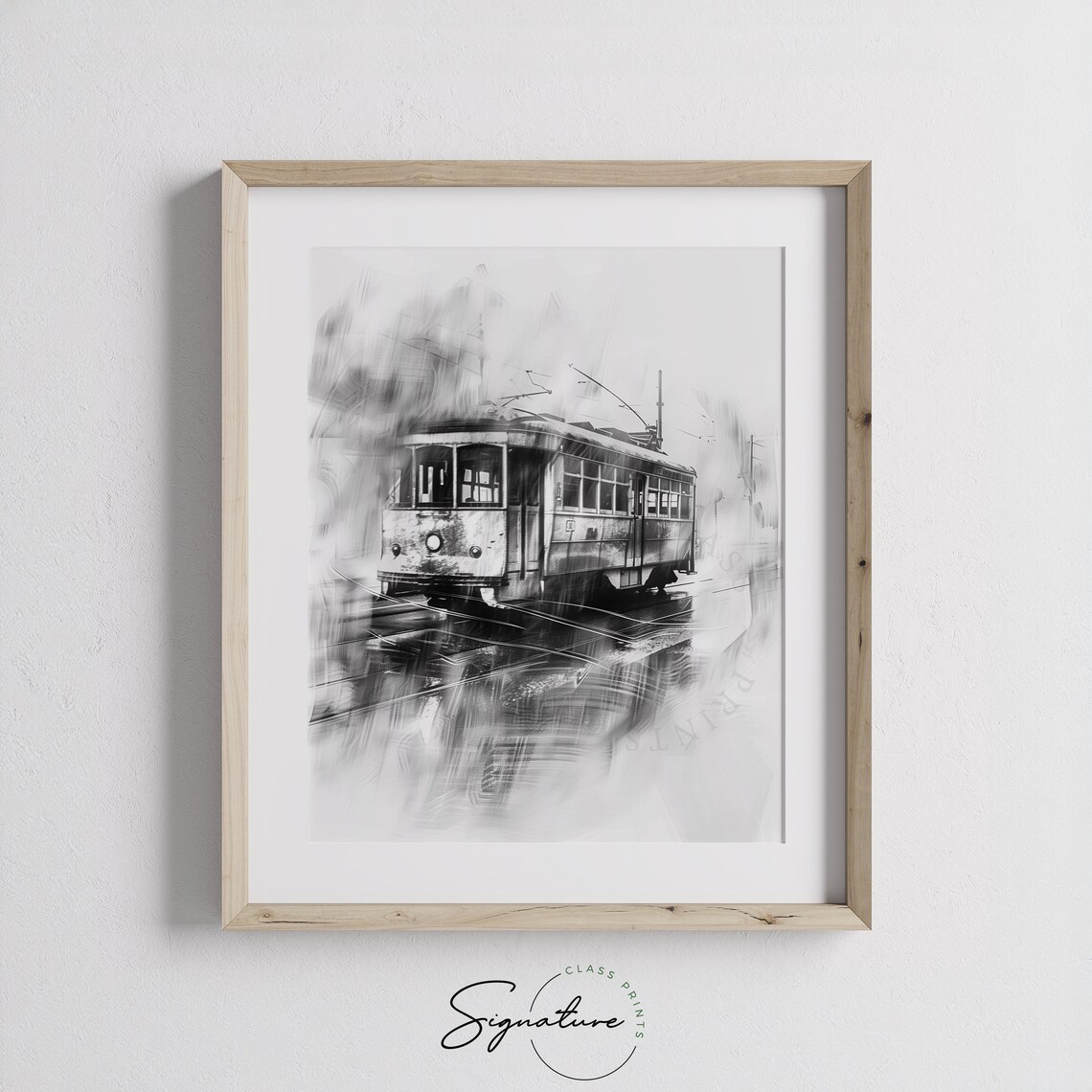 Vintage Streetcar on Rainy Street Black and White City Poster - Image 3