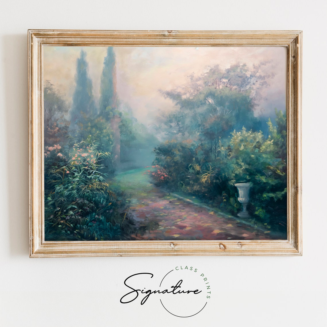 Misty Garden Morning With Cypress Trees Romantic Impressionist Poster