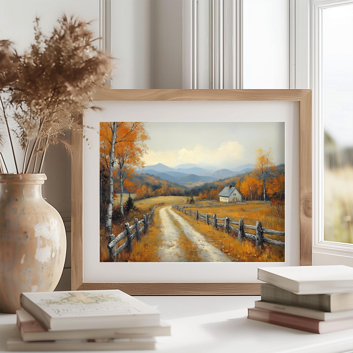Country Road Between Split Rail Fences to Old Farmhouse Poster - Image 2