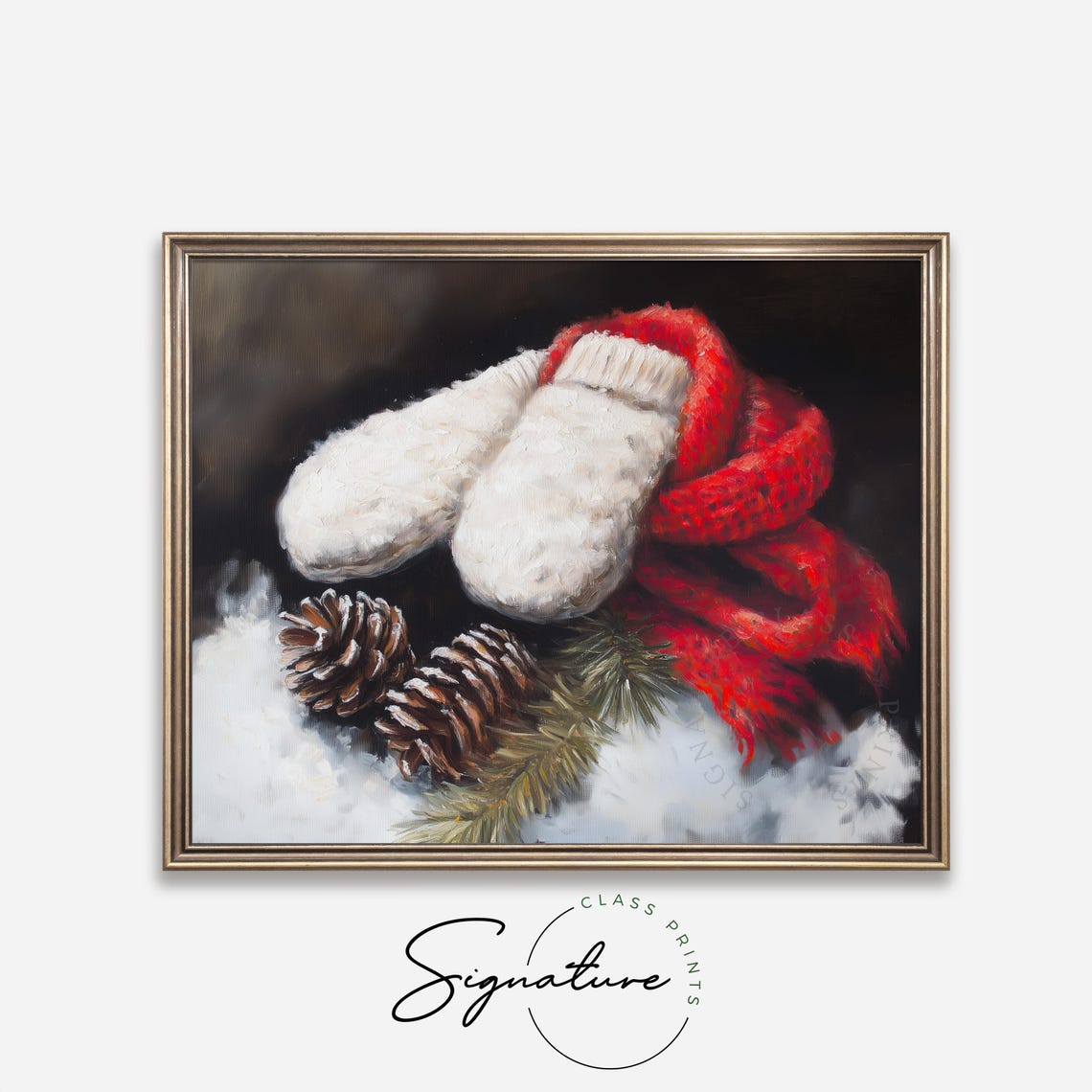 Cozy White Knit Mittens With Red Scarf And Pinecones Winter Poster - Image 4